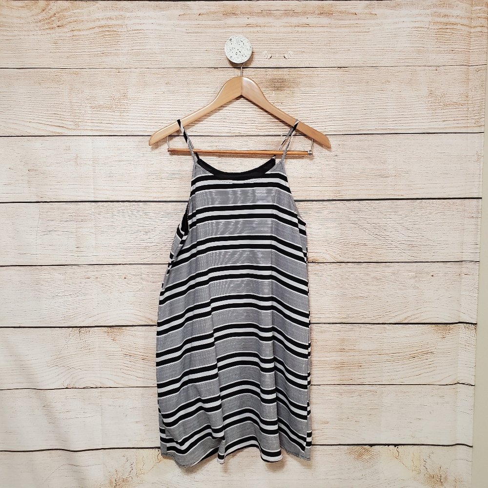 💟 Very J Black White Stripe Flowy High Neck Mini Dress Medium